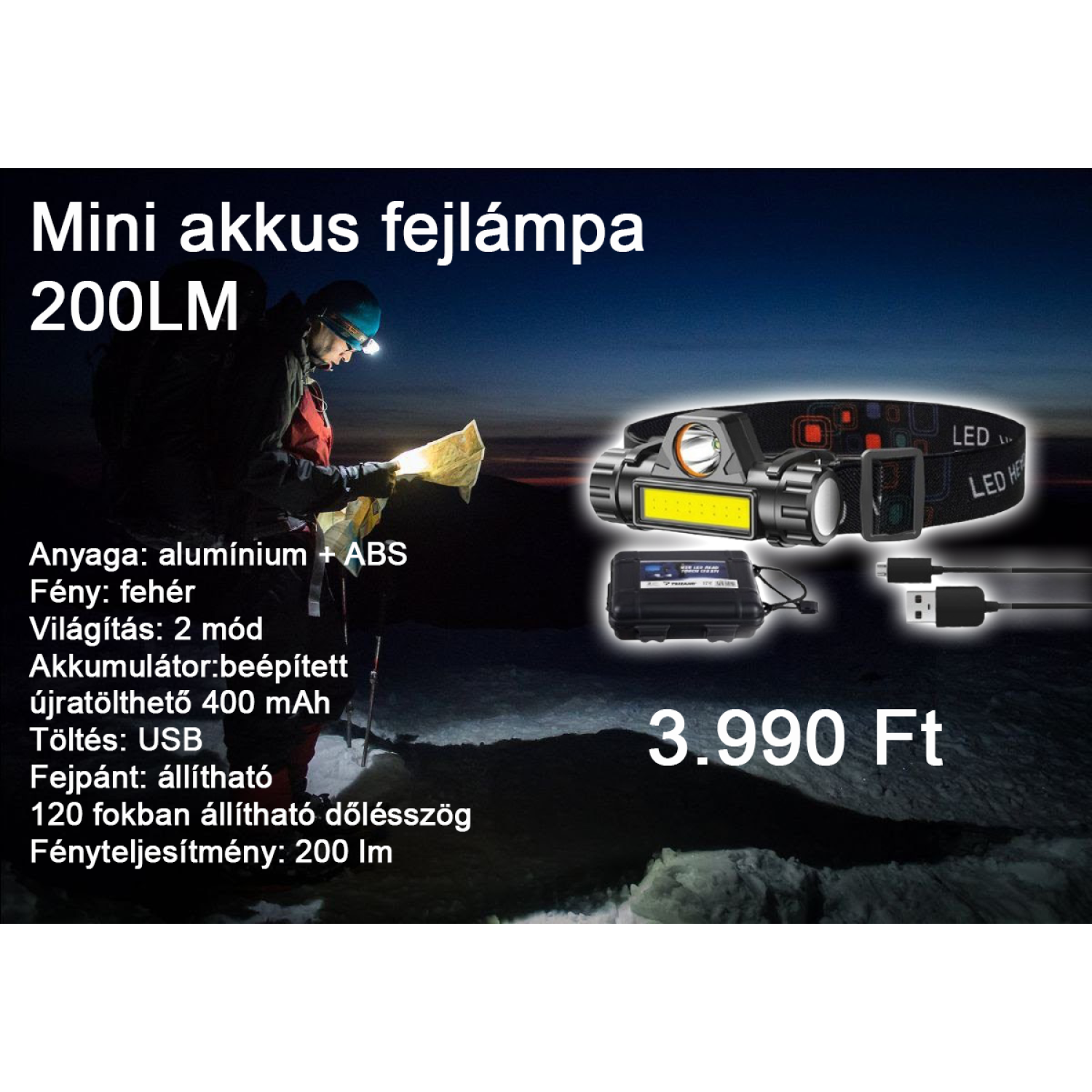 Mini akkus fejlámpa 200LM